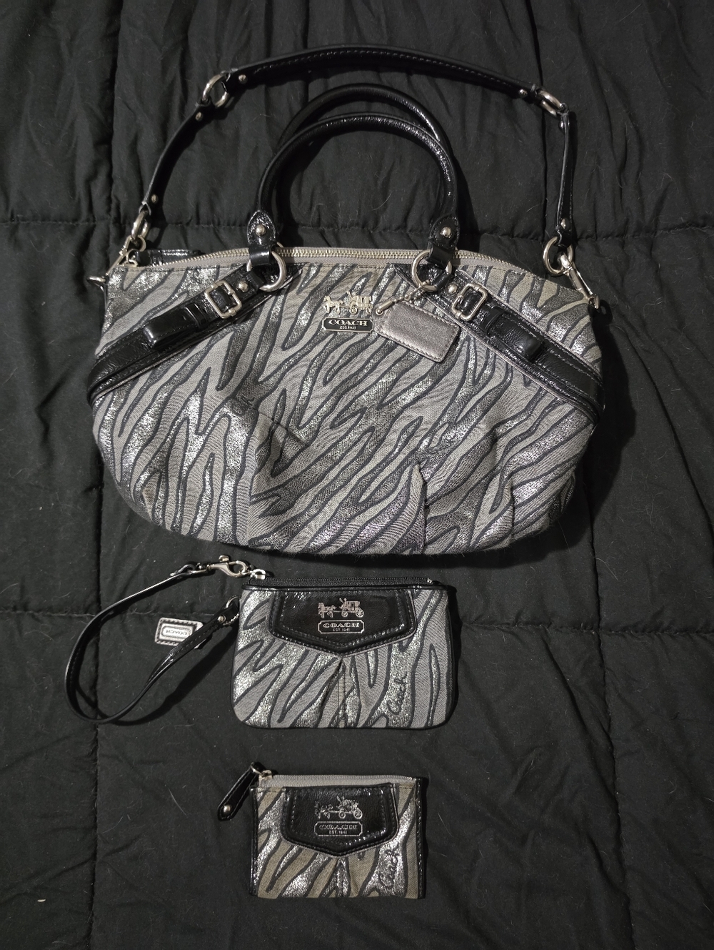 Coach Madison Sophia Zebra Jacquard Satchel Bag Wristlet Coin Purse 3 Pc Set